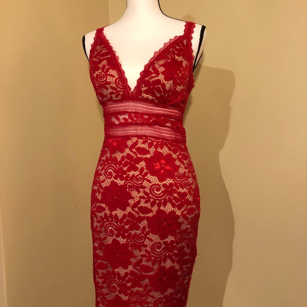 Red Lace Dress over beige